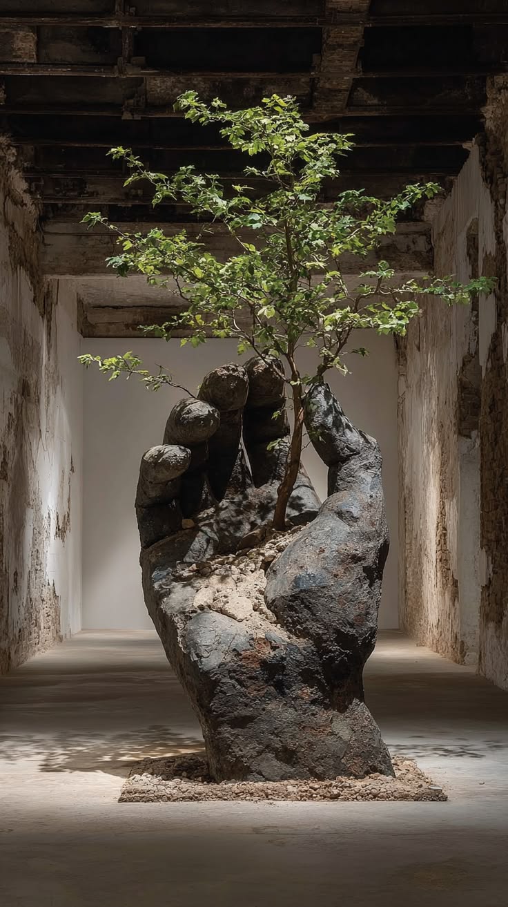 Stone hand sculpture holding a growing tree — vision to reality